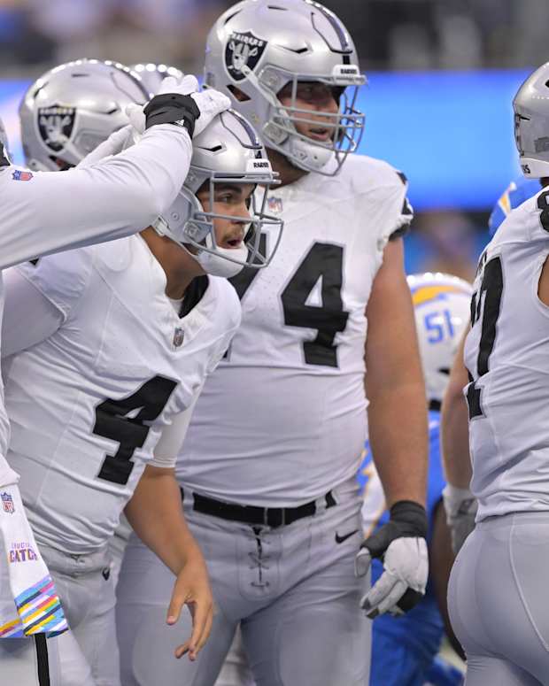 Las Vegas Raiders celebrate with rookie QB Aidan O'Connell